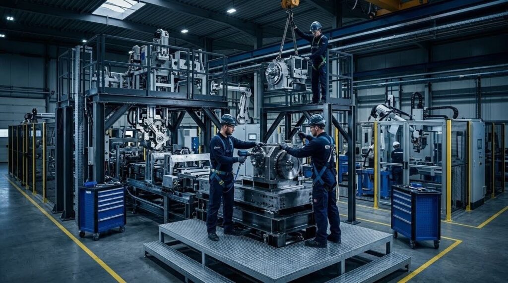 Operatori al lavoro sull'assemblaggio meccanico e l'installazione di macchinari su una piattaforma in metallo all'interno di un moderno stabilimento.