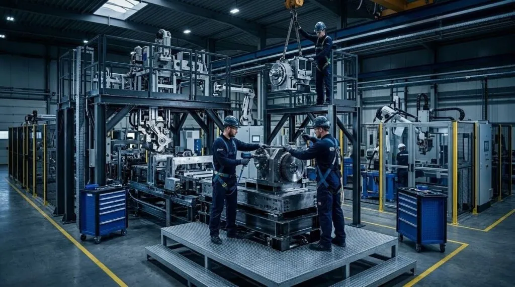 Operatori al lavoro sull'assemblaggio meccanico e l'installazione di macchinari su una piattaforma in metallo all'interno di un moderno stabilimento.
