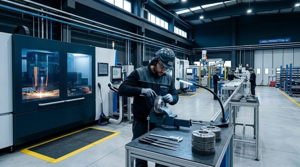 Operatore industriale durante la lavorazione meccanica e il controllo qualità di ingranaggi e componenti metallici in un moderno stabilimento produttivo di 2a Carpenteria.
