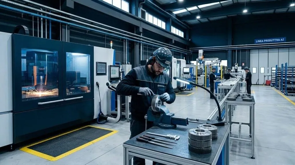 Operatore industriale durante la lavorazione meccanica e il controllo qualità di ingranaggi e componenti metallici in un moderno stabilimento produttivo di 2a Carpenteria.