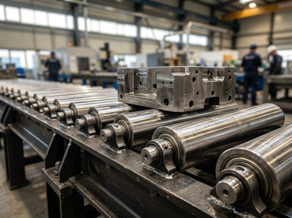 Dettaglio di rulliera industriale in acciaio su misura per linee di assemblaggio