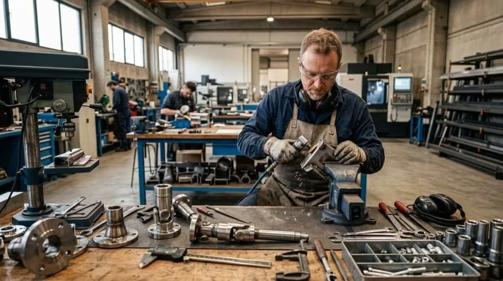 Tecnico specializzato impegnato nella finitura manuale di precisione di componenti metallici su misura al banco da lavoro nell'officina di 2a Carpenteria.