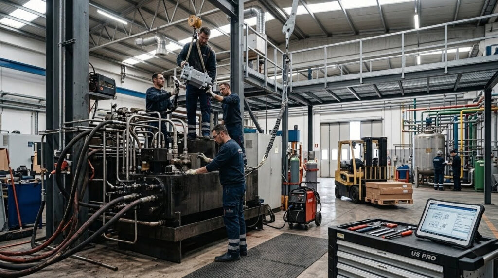 Squadra di tecnici specializzati durante un intervento di manutenzione e assemblaggio su un grande impianto meccanico industriale all'interno di un'officina. - Costruzioni metalliche Treviso
