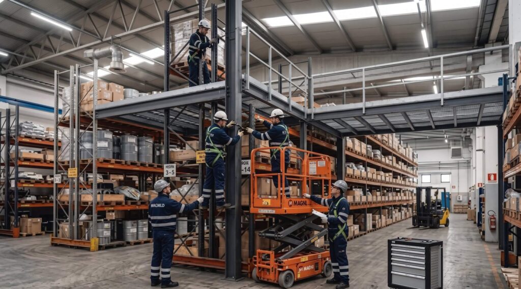 Operatori con imbracature di sicurezza e piattaforma aerea eseguono lavori di manutenzione strutturale su un soppalco metallico all'interno di un magazzino logistico.