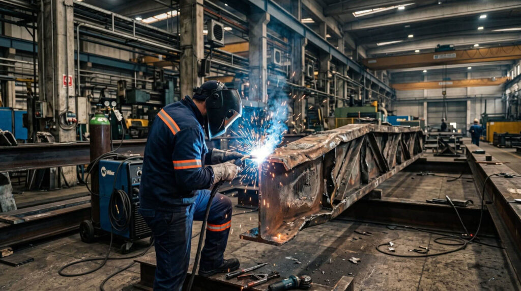 Operaio specializzato con casco protettivo e guanti mentre esegue una saldatura, con scintille luminose, su una grande trave di metallo deformata all'interno di un'officina industriale moderna.