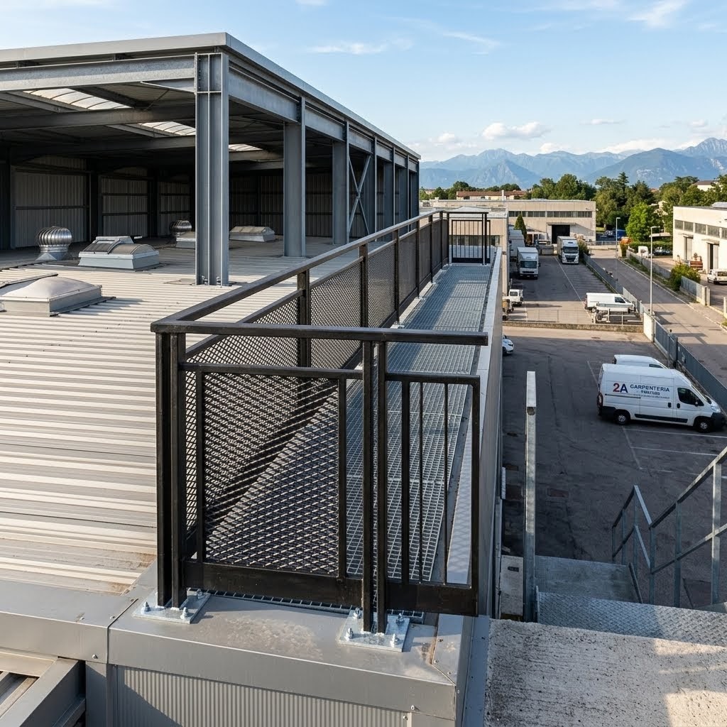 Parapetto di sicurezza in ferro con rete metallica per esterni, installato a norma sulla copertura piana di un capannone industriale in Veneto.