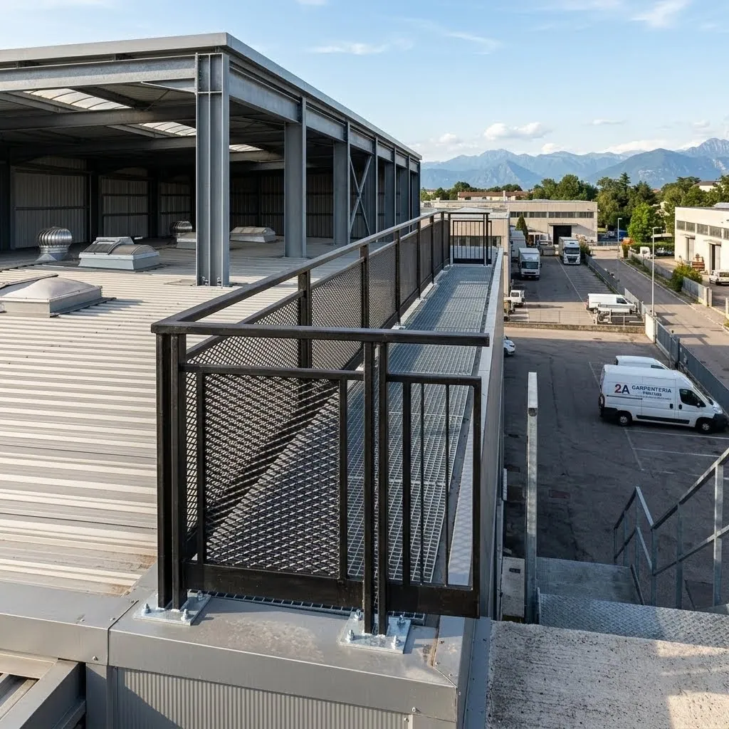 Parapetto di sicurezza in ferro con rete metallica per esterni, installato a norma sulla copertura piana di un capannone industriale in Veneto.