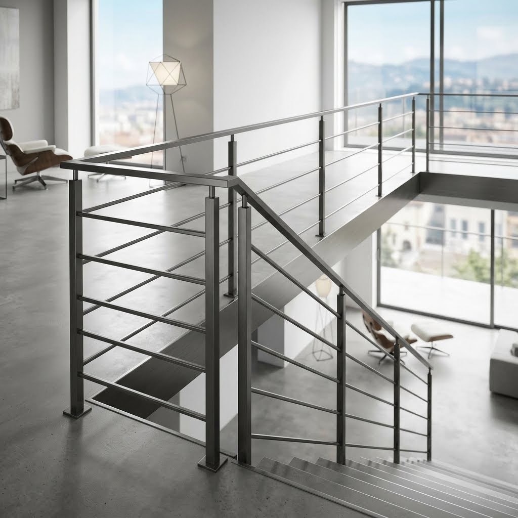 Parapetto per interni in metallo dal design moderno e minimale, installato a protezione di una scala e di un soppalco in un'abitazione contemporanea.