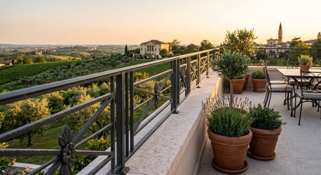 Ringhiera in ferro per esterni realizzata su misura per un ampio terrazzo con vista panoramica in Veneto