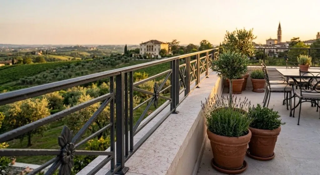 Ringhiera in ferro per esterni realizzata su misura per un ampio terrazzo con vista panoramica in Veneto
