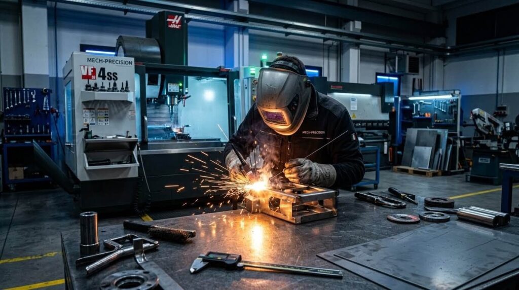 Operaio saldatore con maschera protettiva durante la saldatura di strutture e componenti metallici in acciaio, con macchinari CNC sullo sfondo presso 2a Carpenteria.