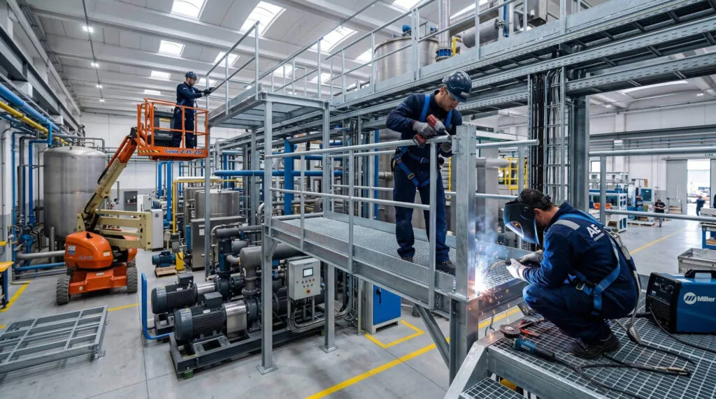 Un'inquadratura generale di un'officina industriale pulita e moderna con tre tecnici che lavorano simultaneamente all'installazione di una complessa piattaforma metallica.