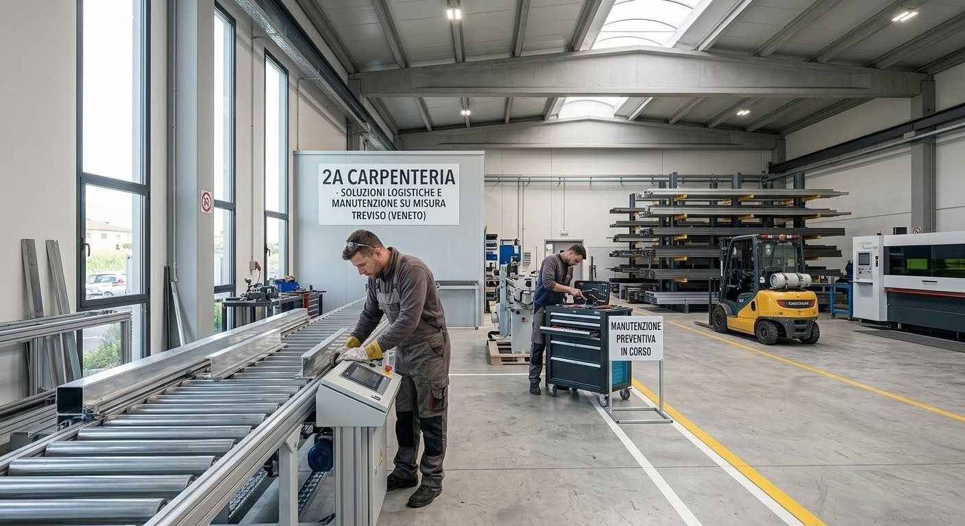 Soluzioni di logistica e manutenzione industriale in Veneto: operai specializzati assemblano componenti metallici e rulliere in un'officina ordinata e luminosa