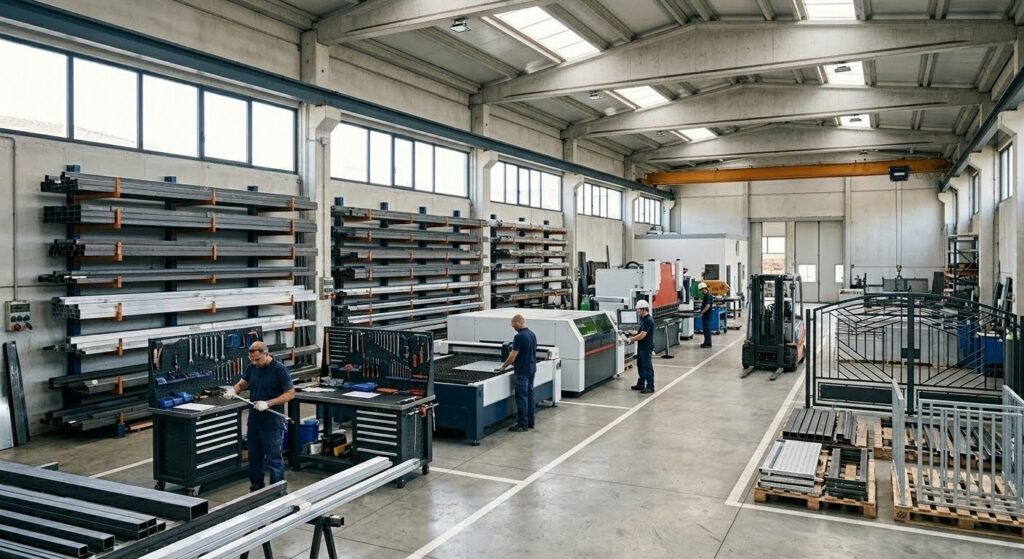 Operai che lavorano profilati metallici in una moderna e ordinata officina industriale con macchinari CNC.
