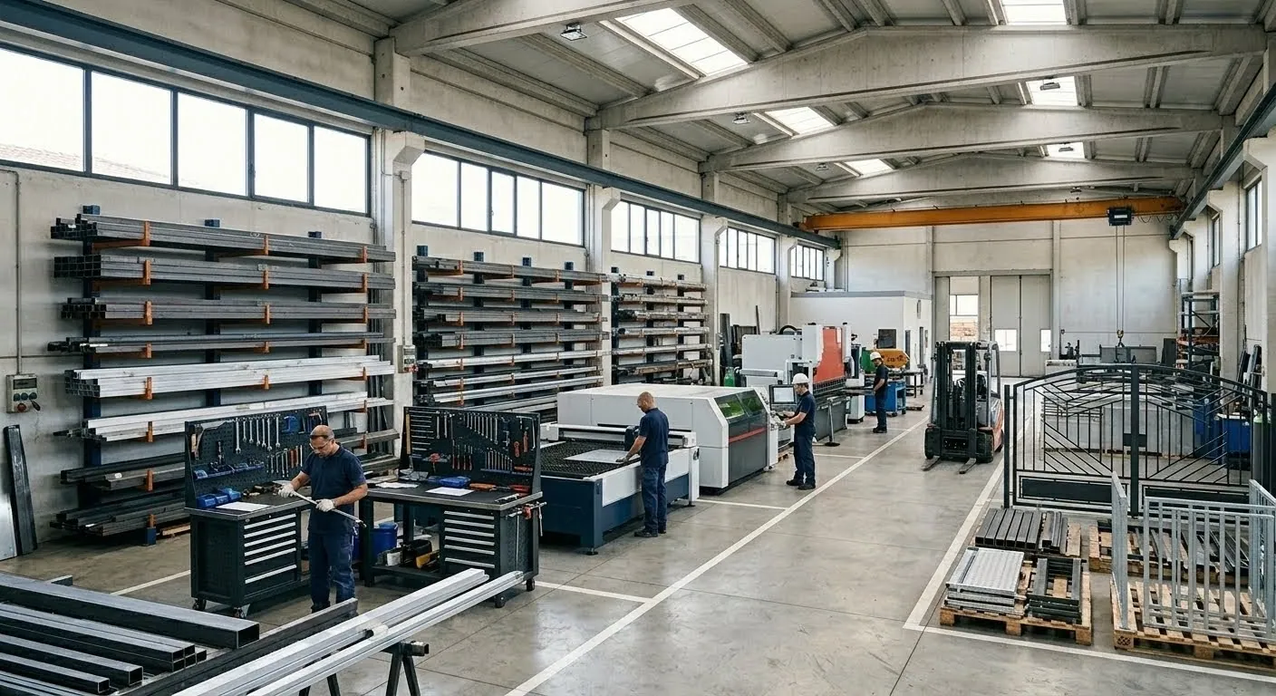 Operai che lavorano profilati metallici in una moderna e ordinata officina industriale con macchinari CNC.