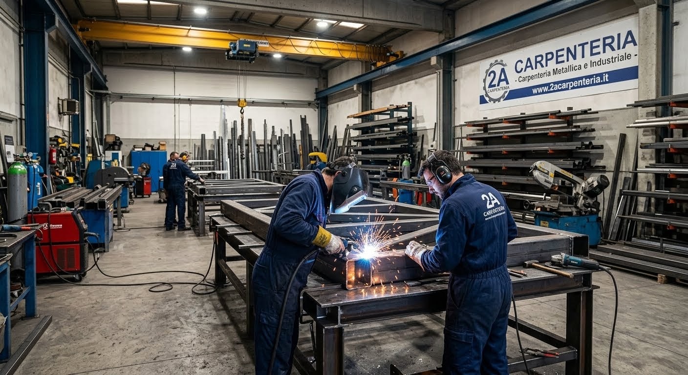 Due saldatori professionisti al lavoro su una struttura in acciaio all'interno dell'ampia officina di 2A Carpenteria.